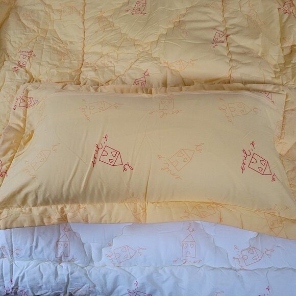 Full Size Pillow Case & Quilted Comforter Blanket House Color Block Yellow Ivory - Picture 6 of 16